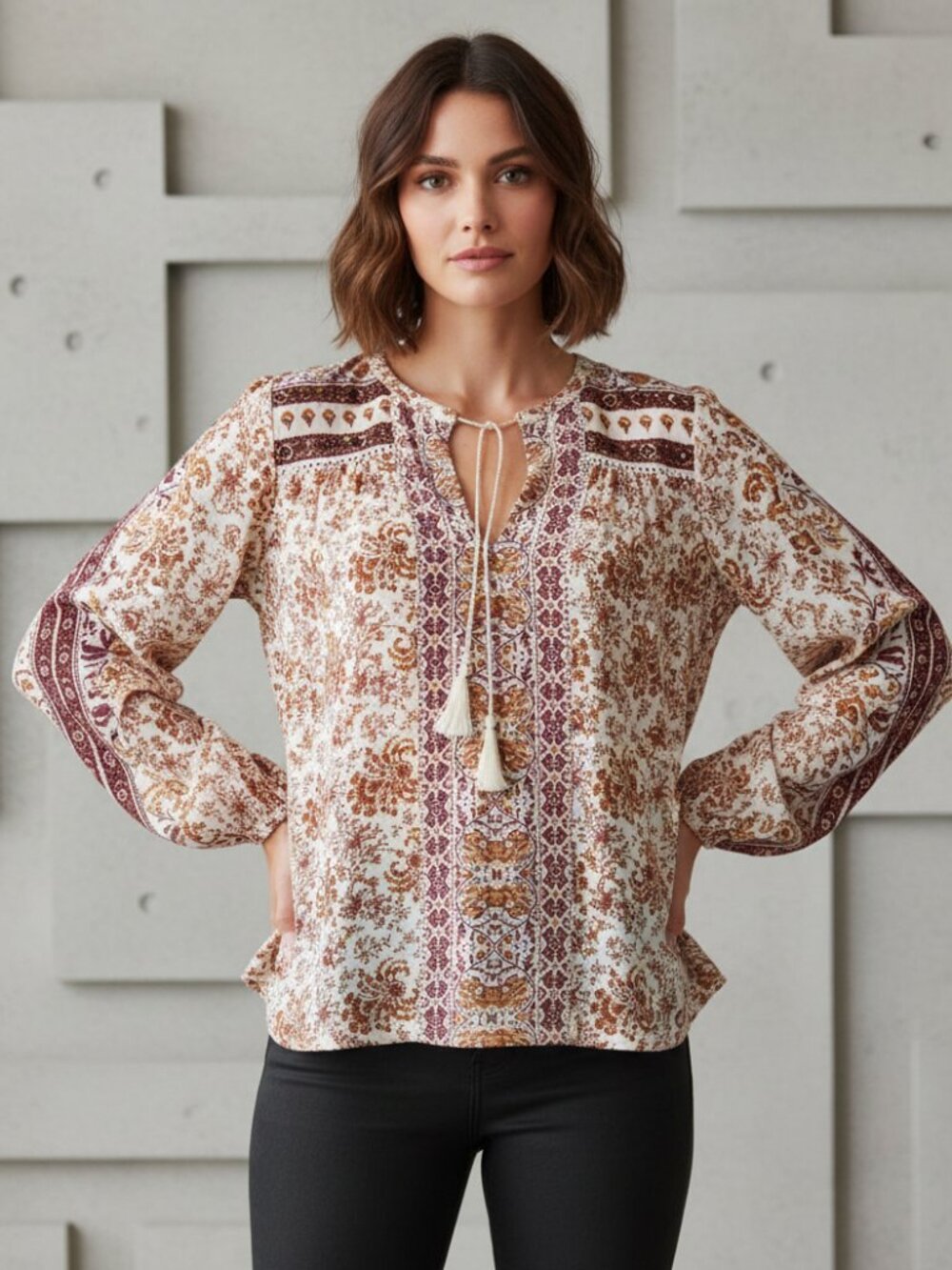 Lucky Brand L Knit Top Cream Burgundy Floral Tassel Sequins Lace Boho Cottage